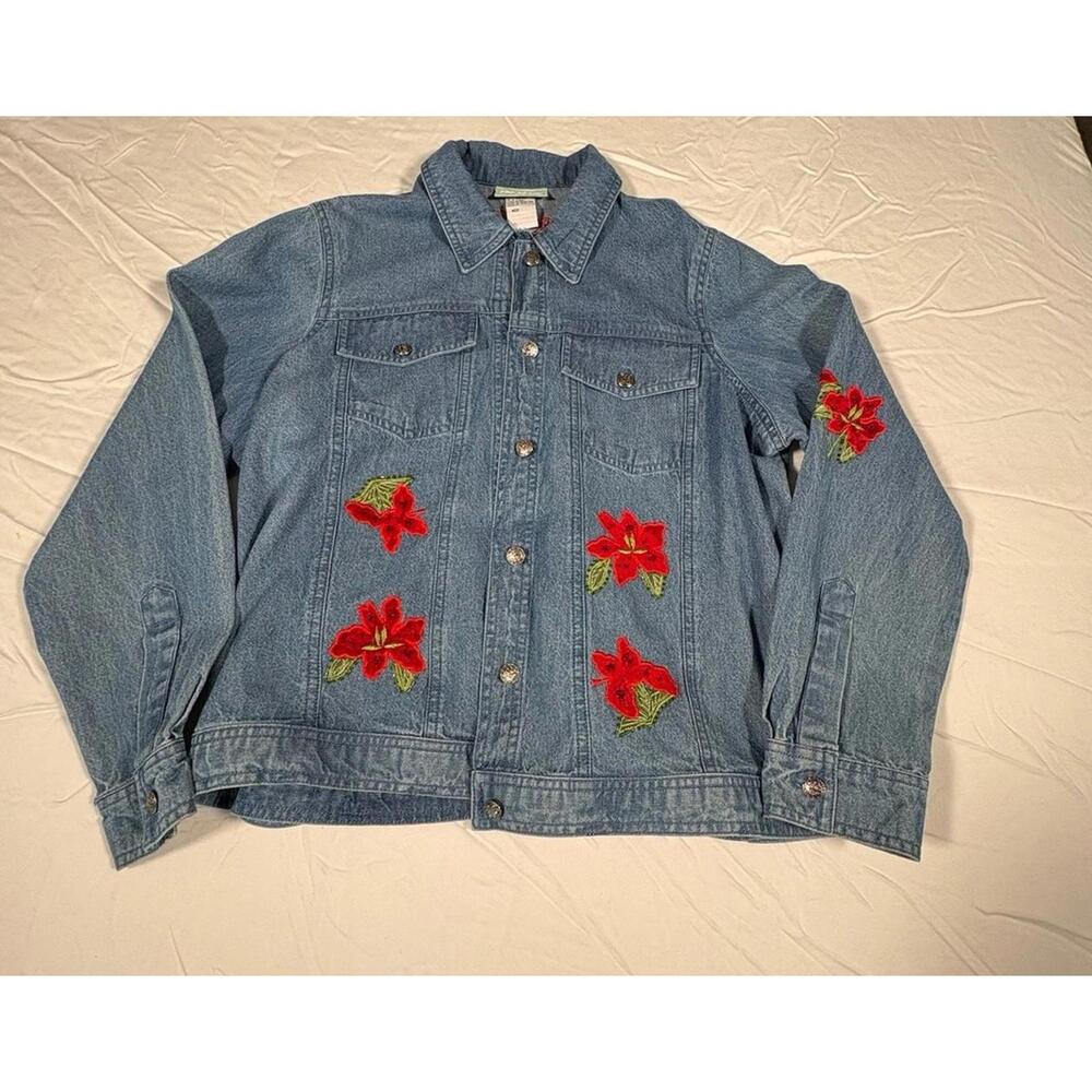 220 HICKORY 100% COTTON EMBELLISHED POINSETTIA WOMEN JEAN JACKET MEDIUM